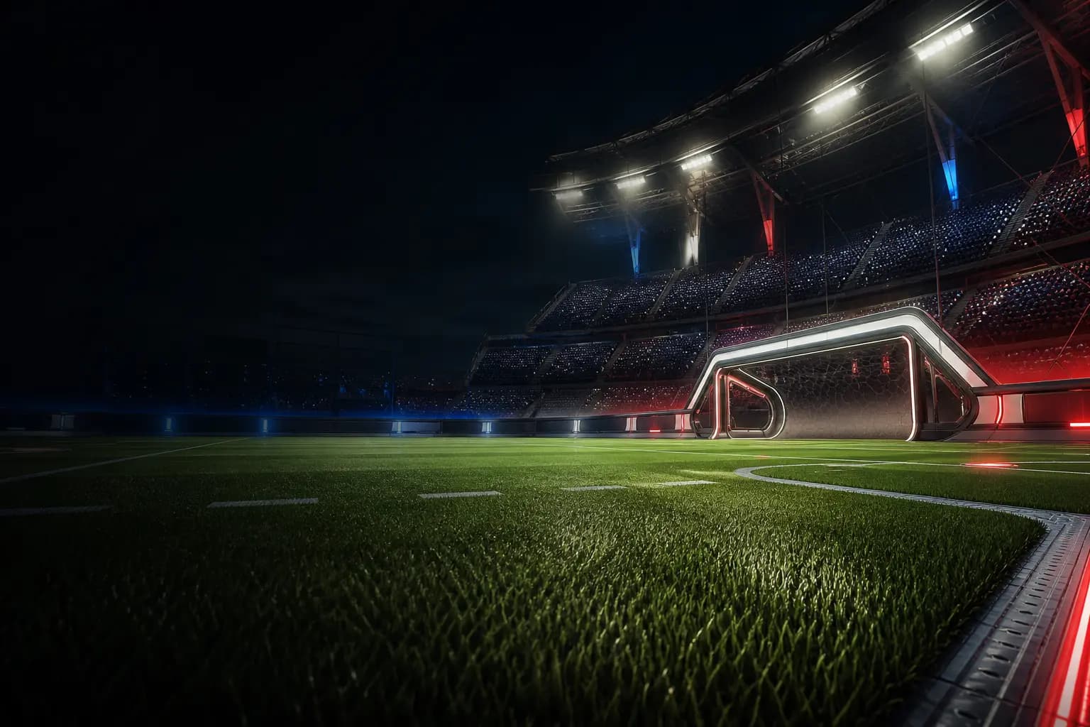 Terrain de football vide de nuit éclairé par les projecteurs d'un stade avec des gradins aux couleurs bleu et rouge