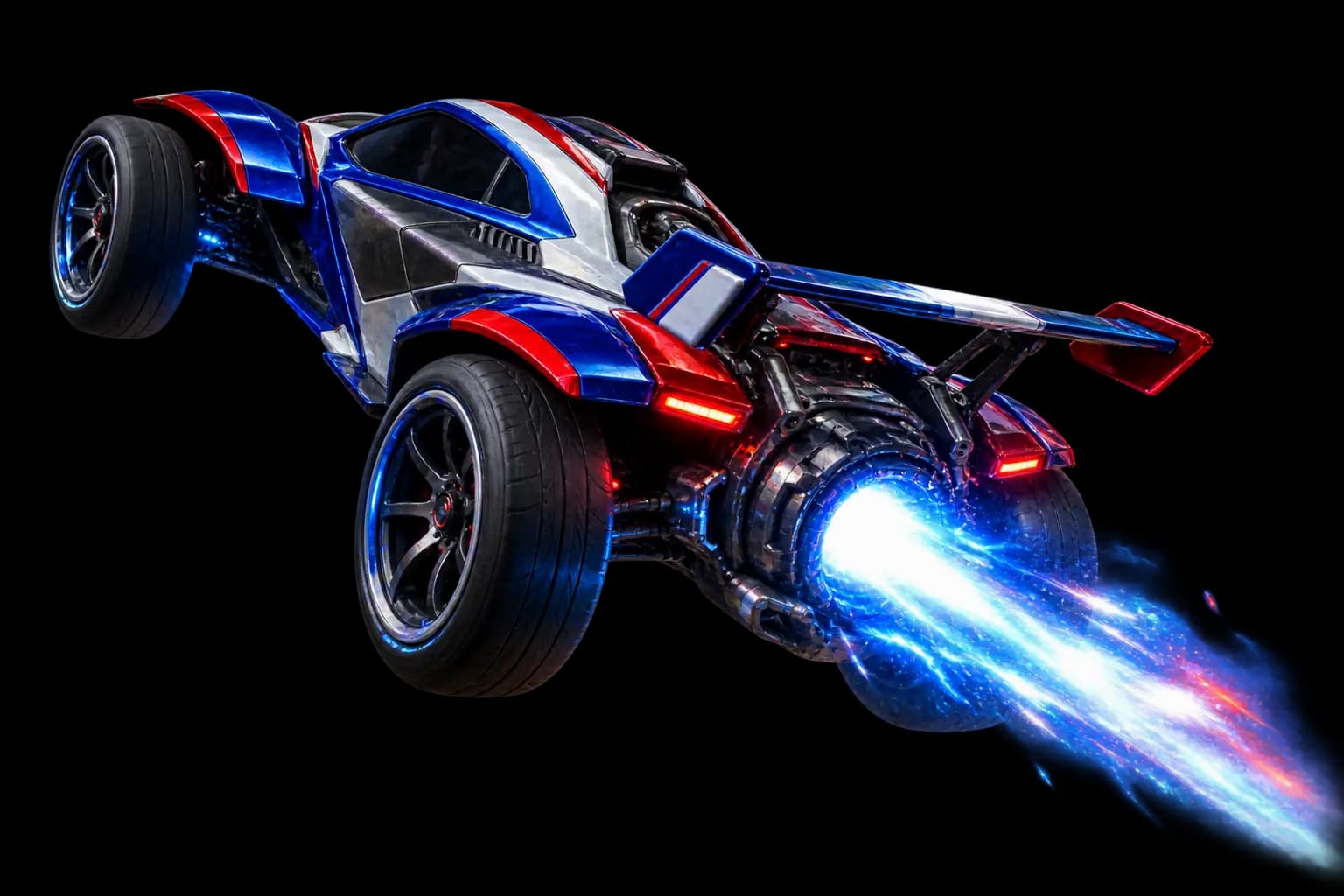 Voiture modèle Octane de couleur bleu métallisé et rouge fonçant en plein vol avec un turbo d'énergie bleu et blanc