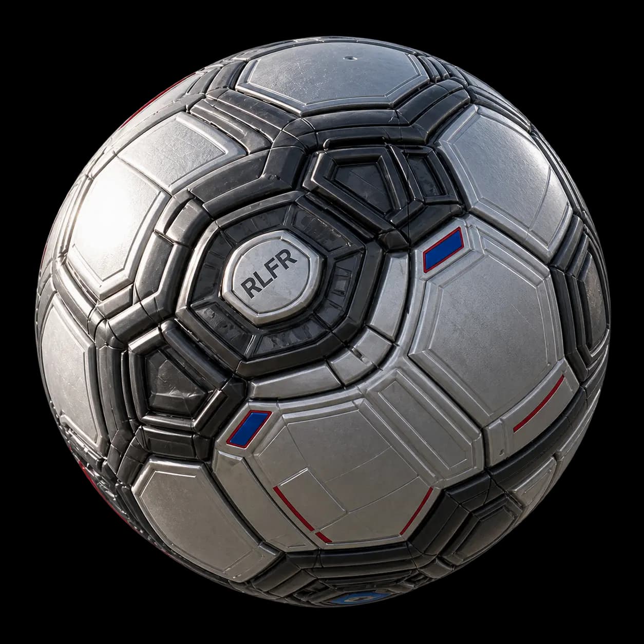 Gros plan sur un ballon de football métallique texturé avec l'inscription gravée RLFR