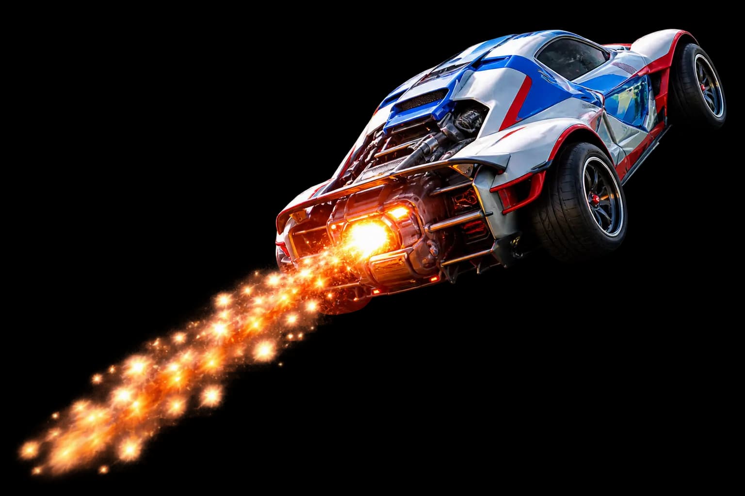 Voiture de sport futuriste bleue et blanche effectuant une acrobatie aérienne avec un boost de flammes orange