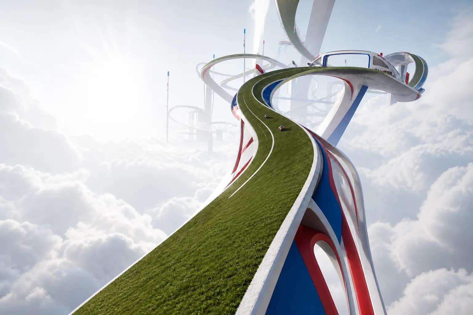 Circuit de course aérien futuriste en herbe avec des loopings au-dessus d'une mer de nuages sous un ciel ensoleillé
